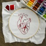 Close-up of an anatomical heart embroidery with vibrant threads on a wooden table.